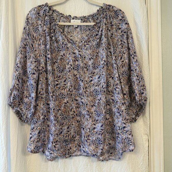 J Jill Linen Tunic Top Womens Medium Purple Floral Peasant Lace look Boho Blouse - Picture 1 of 16